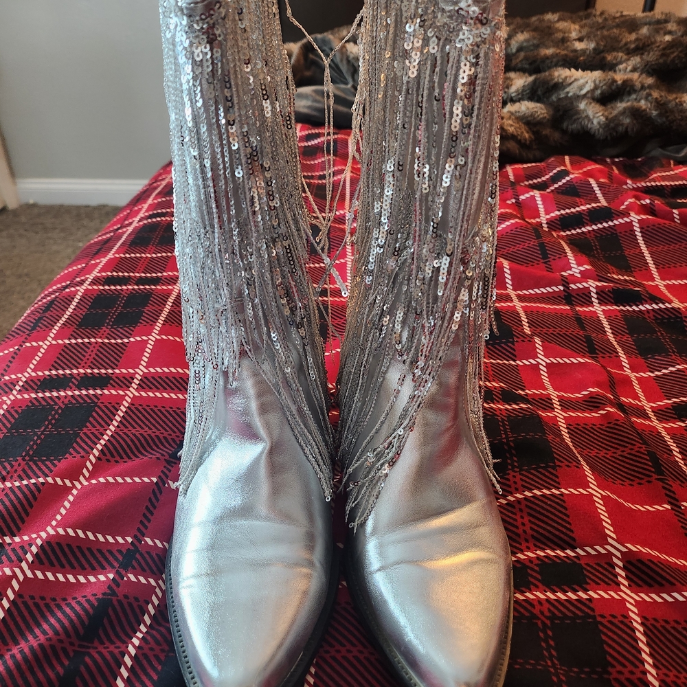 Shimmering Silver Sequin Fringe Heeled Boots